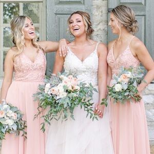 Peach Kennedy blue bridesmaid dress